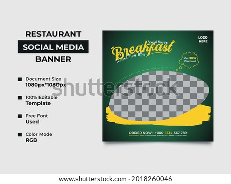 restaurant breakfast sale social media banner template design, a platter image can place  in the middle of the design. professional gradient color used in the template, vector square banner, eps 10