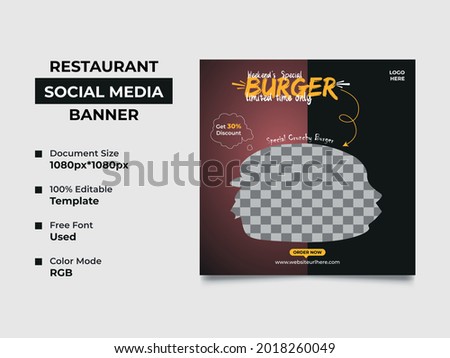 restaurant burger sale social media post template design, a burger image can be placed in the middle of the design. professional gradient color used in the template, vector square banner, eps 10.