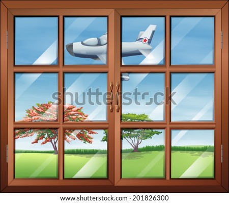 Illustration of a window with a view of the airplane outside