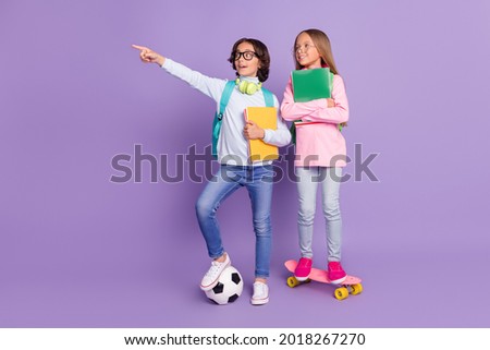 Full length body size view of trendy friends friendship kids showing copy space isolated over bright violet purple color background