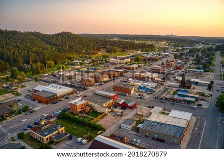 Aerial View of Custer, South Dakota at Sunset Royalty-Free Stock Photo #2018270879