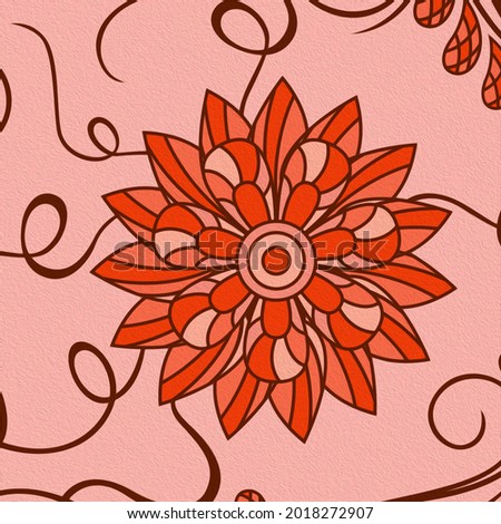 Decorative floral ornate with delicate flowers of brown and orange hues on a pale pink background
