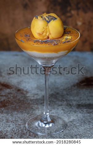 Organic Fruit Sherbet in a tall glass on a turquoise and brown clay background