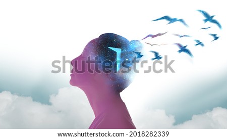 Mental Health, Freedom, Imagination and Creativity Concept. Silhouette photo of Woman combined with Opened Door and Dove Birds.Positive Mind, Peaceful, Enjoying Life Philosophy.Space Element from Nasa