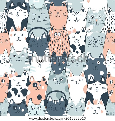 Seamless pattern with cats. Cute cat set. Funny cartoon animal characters.