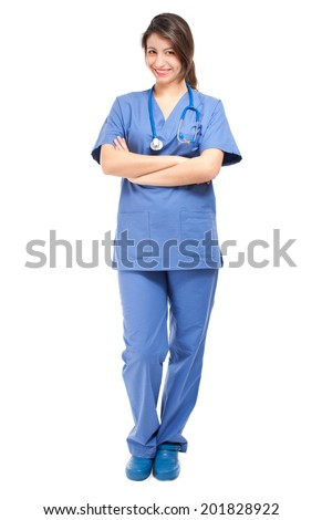 Full length portrait of a young smiling nurse 
