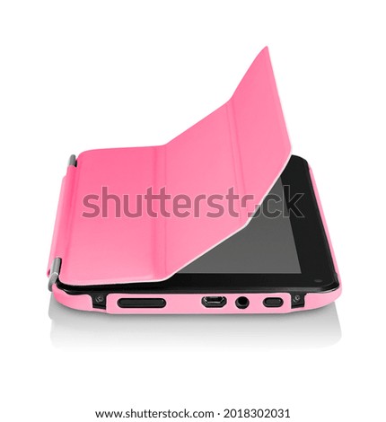 Tablet with a stylish pink safety cover isolated on white background