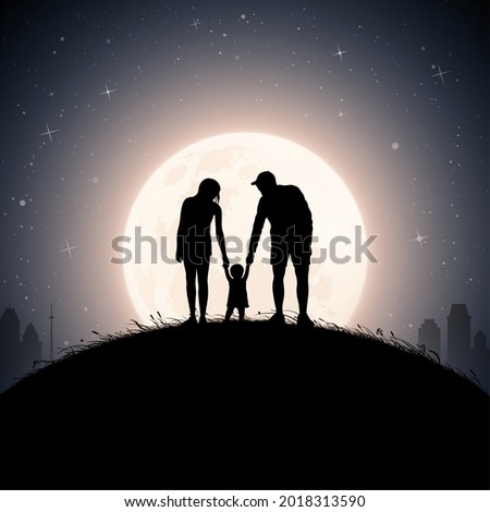 Family walk on night. Father, mother and child silhouettes. Full moon Royalty-Free Stock Photo #2018313590