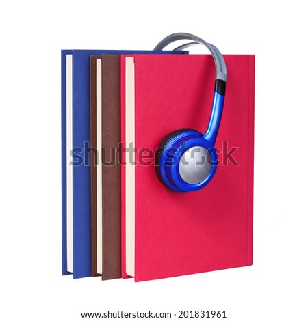 Audiobook concept. Headphones and books isolated on white background.