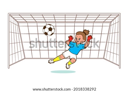 Girl soccer player, goalkeeper, catches the ball in the soccer goal. Vector illustration in cartoon style, comic flat