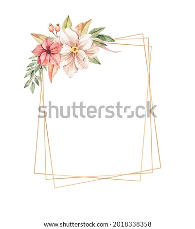 Watercolor botanical illustration. Autumn frame with golden border and wild florals. Gentle peony, red flowers, artichoke, branches, leaves. Perfect for wedding invitations, frames, posters, package