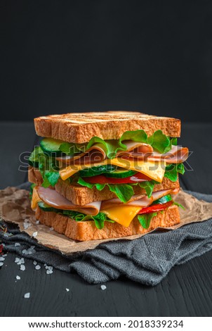 A large sandwich with toasted toast, ham, cheese, tomato and cucumber on a black background. Side view, vertical. Royalty-Free Stock Photo #2018339234