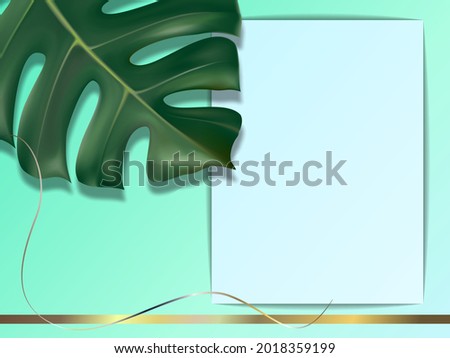 Abstract design. Green background. Blank template. Realistic monstera and golden lines.