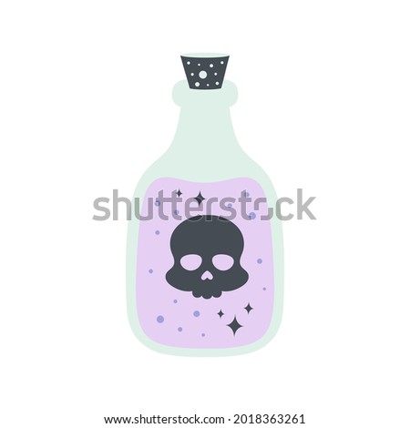 magic potion bottle isolated on white background, purple bottle with skull, vector illustration, flat design