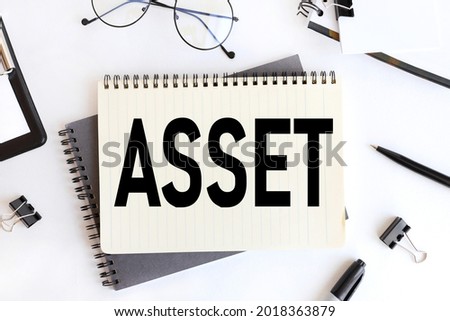 Asset. text on a notebook on a white background