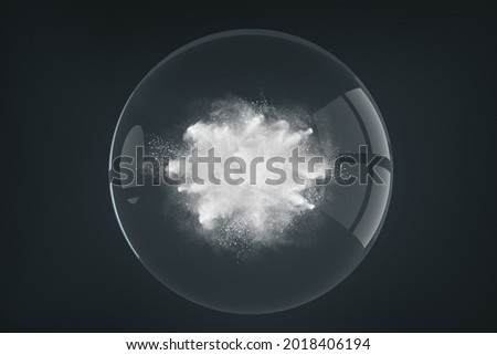 Abstract design of powder or smoke particles cloud explosion on dark background inside the transparent glass sphere Royalty-Free Stock Photo #2018406194