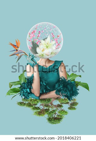 Abstract contemporary art collage portrait of young woman with flowers on face hides her eyes Royalty-Free Stock Photo #2018406221