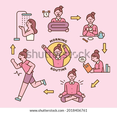 Self-development. A girl is executing her morning routine in order. outline simple vector illustration.
