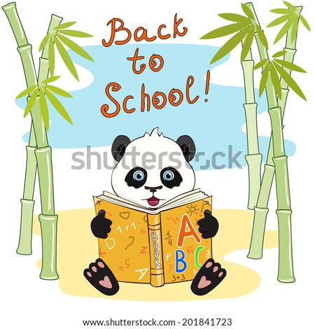 vector illustration cute cartoon panda with book on background with bamboo. Back to school.