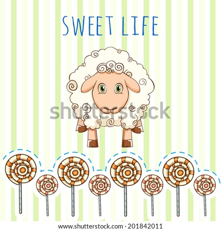 vector illustration of standing sheep with candy