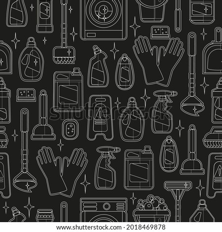 Cleaning, A Set Of Icons For Household Appliances, household chemicals. Homework, Household Tools. The cleaning pattern. Cleaning items. Silhouettes with a white line on a black background.