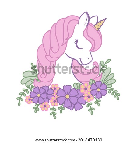 Portrait of a cute unicorn in flowers. Vector linear illustration for t-shirt and stickers