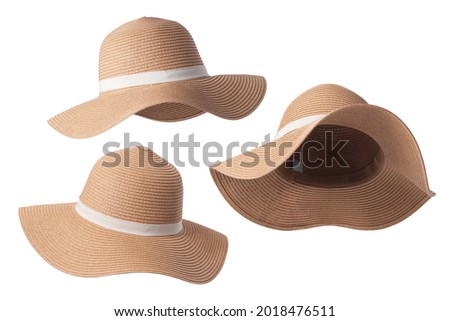 Vintage Panama hat, Womens summer yellow straw hat with the white ribbon on white background. Royalty-Free Stock Photo #2018476511