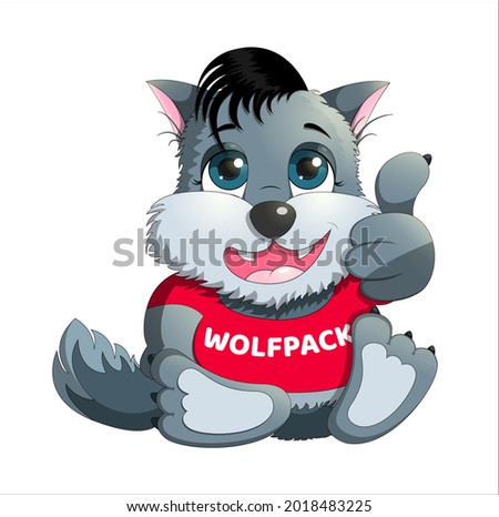 Wolf or dog cartoon giving thumbs up, sitting and smiling, motion OK, emoji character, vector illustration. For web, chat, messenger, design kids clothes, bags, rooms.
