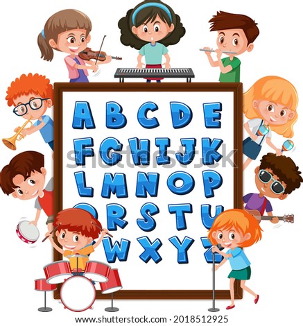 A-Z Alphabet board with many kids doing different activities illustration