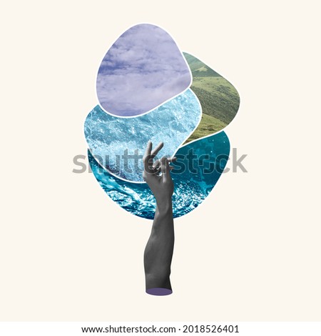 Air, water and land. Hand aesthetic on pastel background, artwork. Concept of environment, climate, symbol of four elements of nature. Idea, inspiration and minimalism. Copy space for ad. Royalty-Free Stock Photo #2018526401