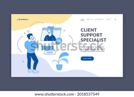 Customer support service. Professional consultation online and by phone. Technical and digital assistance to subscribers working around clock. Service hotline. Homepage vector linear flat