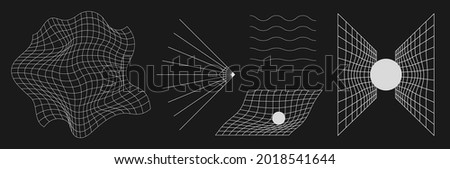 Set of retrofuturistic design elements. Liquid distorted grid, gravity visualization, wavy lines in cyberpunk 80s style. Cyber design elements for poster, cover retrowave style. Vector illustration. Royalty-Free Stock Photo #2018541644