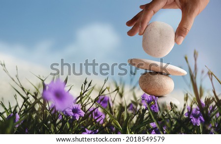Enjoying Life Concept. Harmony and Positive Mind. Hand Setting Natural Pebble Stone with Smiling Face Cartoon to Balance Flower Garden. Balancing Body, Mind, Soul and Spirit. Mental Health Practice