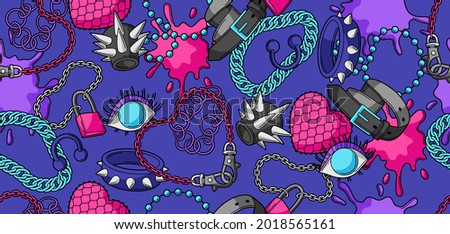 Seamless pattern with youth subculture symbols. Teenage creative illustration. Fashion necklaces in cartoon style. Royalty-Free Stock Photo #2018565161