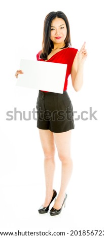 Saleswoman holding a blank placard with her fingers crossed