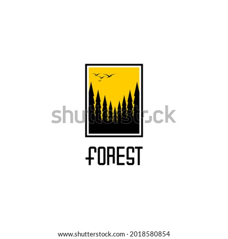 pine forest vector design and some flying birds on blue sky background, icon and logo illustration