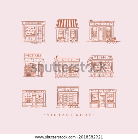 Set of cafe and shops confectionary, coffee, bakery, vegetable, book, Asian food, pharmacy, bar, fish drawing in vintage style on peach background Royalty-Free Stock Photo #2018582921