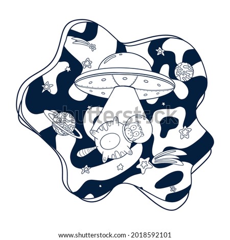 Cartoon Flying Saucer and Cosmic Cat Coloring Page. Line art UFO stealing animal cosmonaut illustration for coloring book, logo, print, nursery decor, Sticker, Card