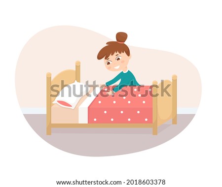 The little girl makes the bed. Children doing housework at home concept. Royalty-Free Stock Photo #2018603378