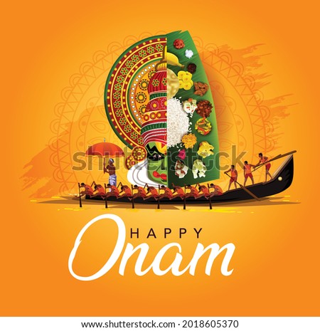 happy onam with kathakali and Kerala boat race, use for poster, leaflet , banner  Royalty-Free Stock Photo #2018605370
