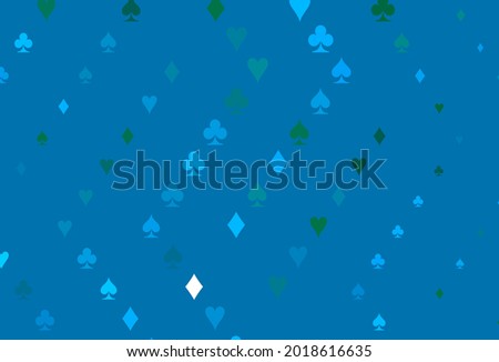 Light Blue, Green vector cover with symbols of gamble. Colorful gradient with signs of hearts, spades, clubs, diamonds. Pattern for booklets, leaflets of gambling houses.