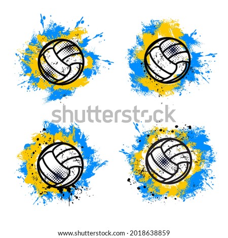 Volleyball sport grunge banner or background with game ball, blue and yellow paint splatters, drops and smudges. Team sport championship, tournament grungy banner with paint traces and halftone
