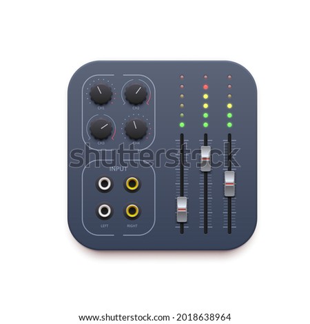 Sound mixer, music sound record app icon, vector DJ audio control buttons. Sound mixer application icon with audio studio panel sliders, volume tuners and song player toggles and microphone inputs