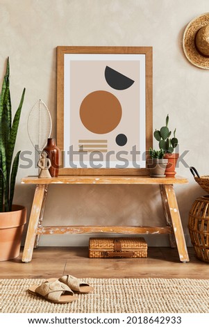 Creative composition of stylish living room interior with mock up poster frame, wooden bench, cacti and personal accessories. Plant love and nature concept. Template.