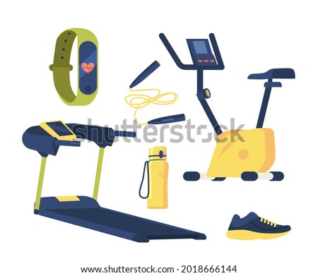 Set of Gym Equipment Design Elements Sneakers, Treadmill, Bicycle and Jump Rope with Smart Watch and Water Bottle Items for Fitness Exercises Isolated on White Background. Cartoon Vector Illustration
