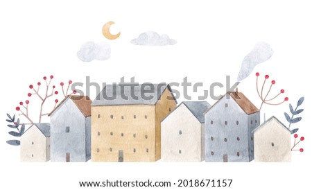 Beautiful winter composition with hand drawn watercolor cute houses. Stock illustration.