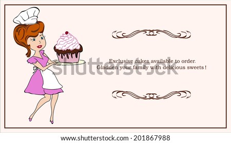 Woman holding a cake on a tray,  cutaway. Vector illustration