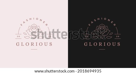 Blooming rose flower logo emblem design template vector illustration in minimal line art style. Linear silhouette for natural cosmetics logotype or florist brand insignia