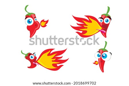 Hot chili pepper character in fire icons vector illustration set. Hot chili pods with fire. Cartoon character red burning pepper, spice logo, mexican peppers, flat isolated