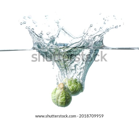 Falling of fresh Brussels sprouts into water against white background